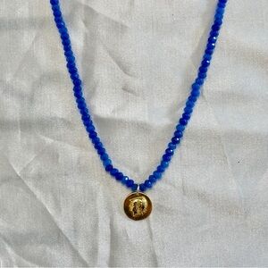 Greek Gold Coin Athena Pendant on Lapis Lazuli Beaded Necklace by Alenia, NWT
